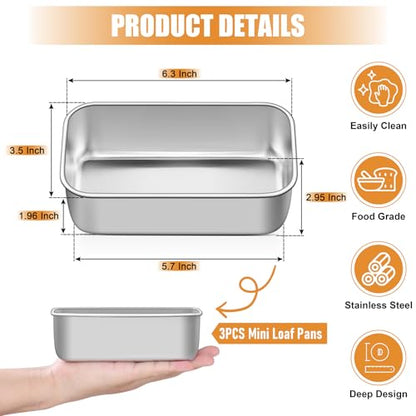 P&P CHEF Mini Loaf Pans Set, 3 PCS Small Bread Loaf Pan for Baking, 6.3 x 3.5 Inch Stainless Steel Baking Pans for Homemade Bread, Meatloaf, Cake and Brownies, Healthy & Non Toxic, Dishwasher Safe