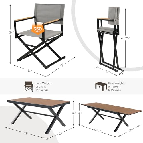 Grand patio 11-Piece Outdoor Dining Set, 10 Extra-Wide Folding Chairs & 1 Rectangle Expandable Table for 6-8 Person, Sling Mesh Patio Chairs with Wood Grain Table for Yard, Poolside, Deck, Gray