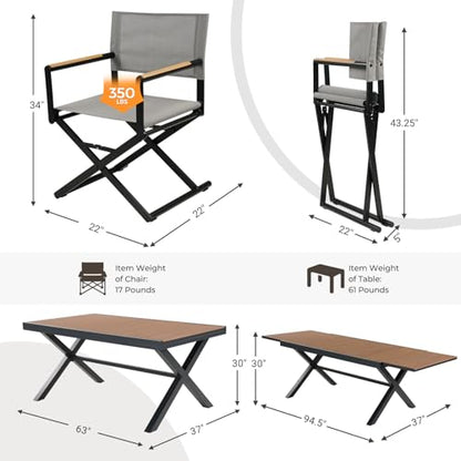 Grand patio 11-Piece Outdoor Dining Set, 10 Extra-Wide Folding Chairs & 1 Rectangle Expandable Table for 6-8 Person, Sling Mesh Patio Chairs with Wood Grain Table for Yard, Poolside, Deck, Gray