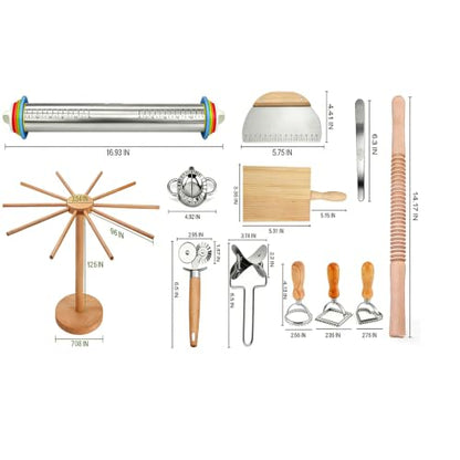 Professional 13 PCS Pasta Making Tools Set,Including Stainless Steel Adjustable Rolling Pin, Pasta Drying Rack, Ravioli Mold Cutter, Pasta Maker Kit for Homemade Fettuccine, Lasagna, Gnocchi, Dumpling