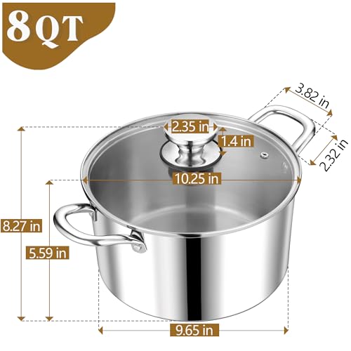 P&P CHEF 8 Quart Tri-Ply Stainless Steel Stock Pot, 8 Qt Stockpot Pasta Cooking Pot with Visible Lid for Soup Vegetable, Induction Cookware for All Stoves, Sturdy & Double Handle, Dishwasher Safe