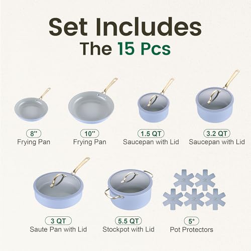 Chef Power Ceramic Cookware Sets, 15Pcs Pots and Pans Set Non Stick, Cookware Set with Stainless Steel Handle, Dishwasher & Oven Safe, Blue Gray and Granite Grey