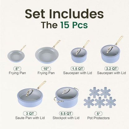 Chef Power Ceramic Cookware Sets, 15Pcs Pots and Pans Set Non Stick, Cookware Set with Stainless Steel Handle, Dishwasher & Oven Safe, Blue Gray and Granite Grey