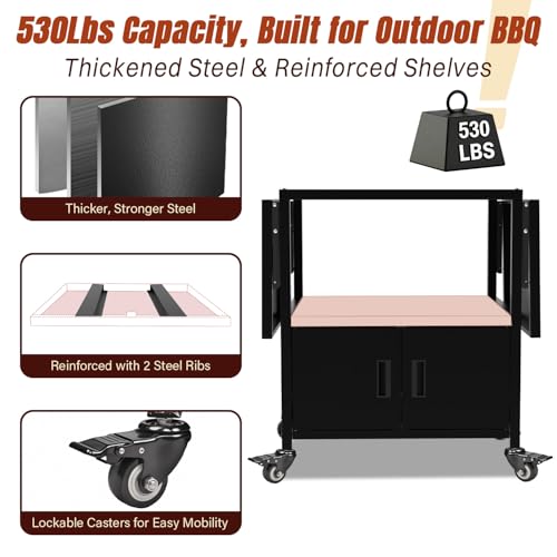 Outdoor Big Green Egg Grill Cart,Egg BBQ Grill with Dustproof Cover, 3-Duty Storage, 2 Sided Prep Table, 530Lbs&Heavy Duty Metal, Outside-in Easy assembly, Compatible with Big Green Egg,Kamado Joe