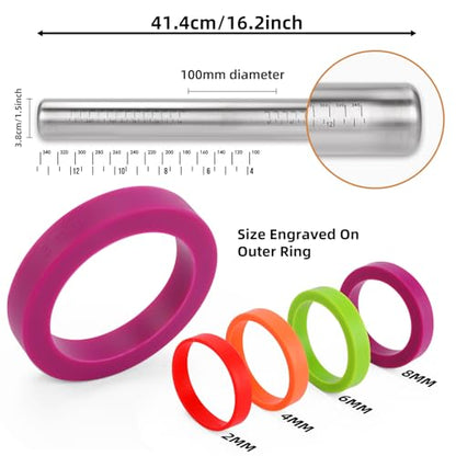 Stainless Steel Rolling Pin with Adjustable Thickness Rings - 4 Interchangeable Sizing Bands for Dumplings/Pasta/Cookies - Nonstick Kitchen Baking Tool