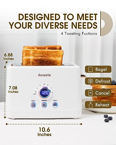 2 Slice Toaster, Retro Bread Toaster with LED Display, Extra Wide Slots Toasters with 6 Bread Shade Settings, Bagel, Cancel, Defrost Function, Stainless Steel with High Lift Lever, Removal Crumb Tray
