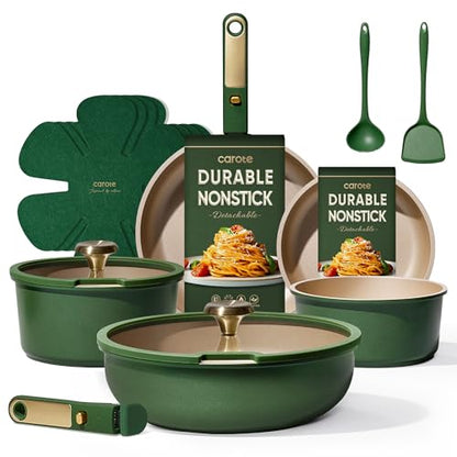 CAROTE Green&Gold Nonstick Cookware Set,15Pcs Pots and Pans Set Non Stick Detachable/Removable Handle,Kitchen Cooking Set Dishwasher Safe, RV Kitchen Pot and Pan, Induction Cookware