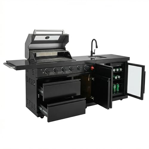 84 Inches Outdoor Kitchen Island, 5-Burner 75300 BTU Propane Stainless Steel BBQ with Side Burner, Refrigerator and Sink, Rotisserie, Granite Countertops, Storage for Backyard BBQ (Black)