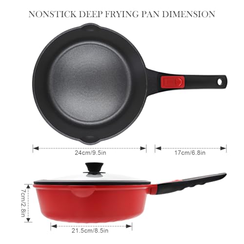 Bobikuke 10 Inch Deep Frying Pan with Lid, Non Stick Frying Pans Saute Pan, Nonstick Skillet Cooking Pan Kitchen Pans, Compatible with All Stoves, Detachable Handle, Oven Safe, PFOA Free, Red (4 Qt)