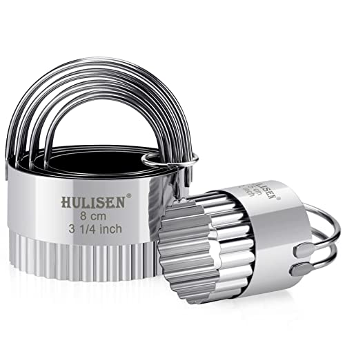 HULISEN Biscuit Cutter Set (5 Pieces/Set), Stainless Steel Round Biscuit Cutters with Handle, Wave Cookies Cutter with Fluted Edge, Professional Baking Dough Tools, Gift Package (Wave)