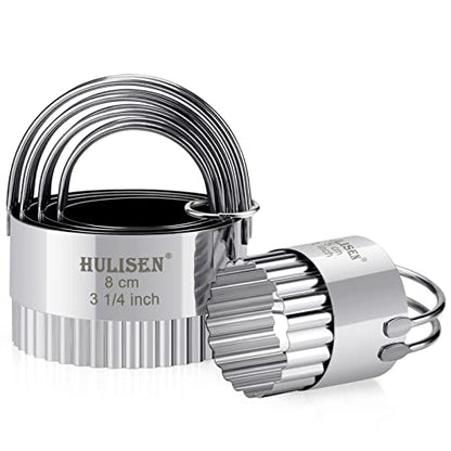 HULISEN Biscuit Cutter Set (5 Pieces/Set), Stainless Steel Round Biscuit Cutters with Handle, Wave Cookies Cutter with Fluted Edge, Professional Baking Dough Tools, Gift Package (Wave)