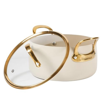 Bloomhouse - Two Time Oprah's Favorite Things Winner - 6 Quart Heavy Duty Aluminum Premium PFA Free Ceramic Nonstick Dutch Oven Pot with Lid - Almond Cream w/Gold Handle