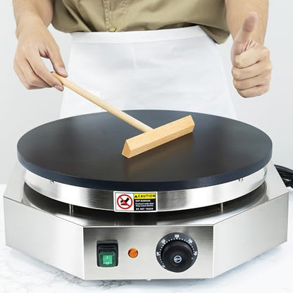 3000W Commercial Crepe Maker, 16" Non-Stick Electric Griddle with 0-300℃ Adjustable Temperature, Stainless Steel Pancake & Jianbing Machine with Wooden Spreader for Home, Snack Bar & Food Stall