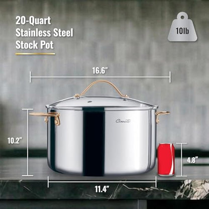 Ciwete Stock Pot 20 Quart, 3 Ply Stainless Steel Stock Pot with Lid, 20 Quart Soup Pot with Copper Handle, Healthy Stockpots, Induction, Oven, Gas and Dishwasher Safe