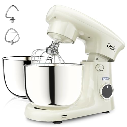 Camic Stand Mixer, 4.2QT+5.3QT Two bowls Electric Food Mixer, 10 Speeds with Digital setting 3-IN-1 Kitchen Mixer for Baking Cakes Cookie Bread Salad with Egg Whisk,Dough Hook,Flat Beater (White)
