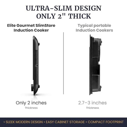 Elite Gourmet Slim Portable Induction Cooktop, 1500W Countertop Burner with 10 Power Levels & Temperature Control (140°F–465°F), Ultra-Slim 2" Design, Digital Touch Controls, Timer & Child Lock