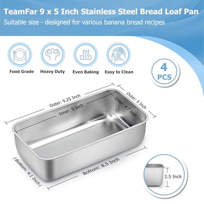 TeamFar Loaf Pan, 9¼" × 5" Bread Loaf Pans Meatloaf Pan Stainless Steel for Baking Bread Cake Lasagna, Healthy & Durable, Oven & Dishwasher Safe - Set of 4
