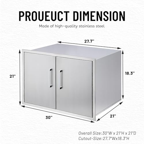 ZHAIUPON Stainless Steel Outdoor Kitchen Cabinet, Double Door Dry Storage Pantry for BBQ Island, Patio Grill Station, 30" W x 21" H x 21" D