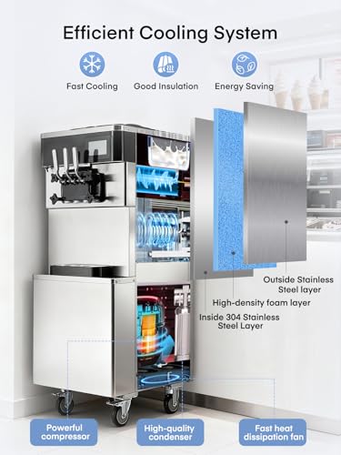 Commercial Ice Cream Machine 5.8-7.9 Gal/h, 3 Flavors Soft Serve Ice Cream Machine with 14L Hopper, Auto Clean Ice Cream Maker With Touch LCD Panel for Snack Restaurants Bars, 2200W