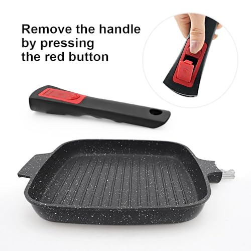 RANX INGST Griddle Pan with Lid, 10 Inch Cast Aluminium Non Stick Grill Pan with Detachable Handle for Induction Hob, Black