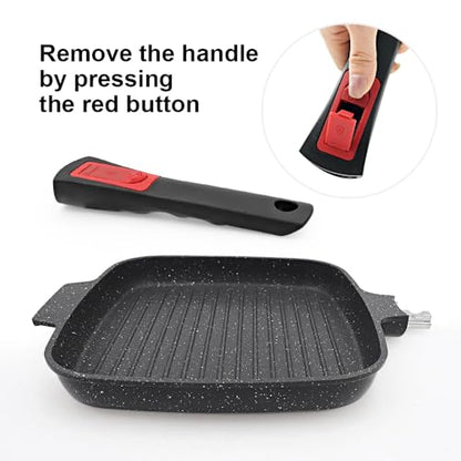 RANX INGST Griddle Pan with Lid, 10 Inch Cast Aluminium Non Stick Grill Pan with Detachable Handle for Induction Hob, Black
