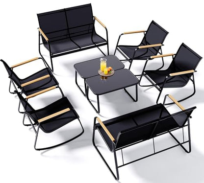 Ahomly 8-Piece Outdoor Patio Furniture Set, Textilene Rocking Set, Black