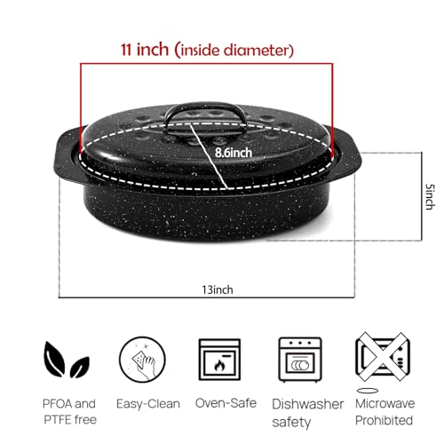 13” Enamel Roaster With Lid Oval Roasting Pan For Oven,Turkey Roaster Pot Broiler Pan Chicken Vegetables Suitable For Dining With Two People High Cookware Small Baking Pan