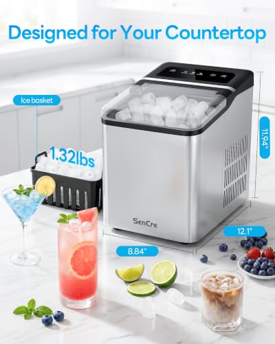 Sencre Ice Makers Countertop, 26.5Lbs/24H Ice Machine with 2 Sizes Bullet Ice, 9 Ice Cubes Release in 6 Mins, Self-Cleaning Portable Ice Maker with Ice Scoop and Basket for Home Kitchen Office Bar RV