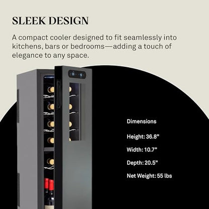 Wine Enthusiast 18-Bottle Slimline Dual Zone Wine Cooler - Energy Efficient Freestanding Wine Refrigerator - Upright Bottle Storage, Adjustable Thermostat, Digital Touchscreen (20.5” x 10.7" x 36.8”)