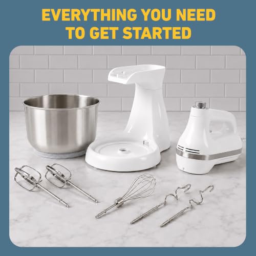 West Bend Two Sweet 2-in-1 Hand & Stand Mixer, 11 Speeds with Turbo Boost, 4.4 Qt Rotating Bowl, Dough Hooks, Beaters & Whisk, Tilt-Head Design, 550 Peak Watts, White
