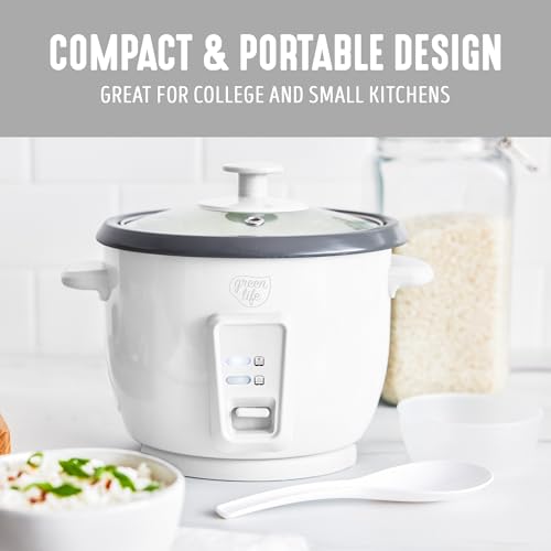 GreenLife Rice Cooker with Removable PFAS-Free Ceramic Nonstick Pot, 3-Cups Uncooked/6-Cups Cooked, Grains & Oatmeal Multicooker, Compact One-Switch Design, Auto Keep Warm, Easy Clean, White