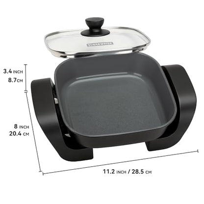 SugarWhisk 8-inch Ceramic Coated Electric Skillet with Lid, Non Stick Skillet Griddle Pan Electric, Rapid Heat Up, 650W, Breakfast Skillet, Kitchen Appliances for Cooking, Graphite