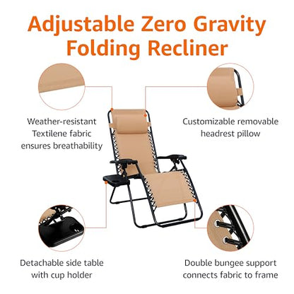 Amazon Basics Outdoor Textilene Adjustable Zero Gravity Folding Reclining Lounge Chair Set with Cup Holder, Side Table, Headrest, Weather-Resistant, 35 x 26 x 43 inches, Beige, 2-Pack