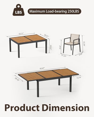ZANDOR Expandable Outdoor Dining Set for 4-6-8,Patio Table and Chairs Set with Wood Top for Garden,Backyard,Porch,55"-82.7" Extendable Aluminum Outdoor Table Set with 8 Chairs,Grey