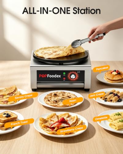 Popfoodex Commercial Crepe Maker - Independent Temperature Control, 1500W Electric Crepe Machine, 16 Inch Pancake Making Machine w/Nonstick Stainless Steel Plate, for Commercial Kitchen Use