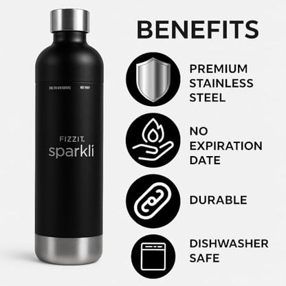 Fizzit Sparkli Carbonated Soda Maker with 1L Stainless Steel Bottle | Customizable Carbonation | Soda Streaming Fizzy Water Machine | Luxury Bubbles, Dishwasher Safe & Eco-Friendly Reusable Bottle