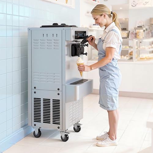 VEVOR Commercial Ice Cream Machine, 20-28L/H Yield 2200W Freestanding Soft Serve Ice Cream Maker with 3-Flavor, 2 x 6L Hoppers, Puffing Pump, Pre-Cooling Low-Mix Alert, Ideal for Snack Dessert Shop