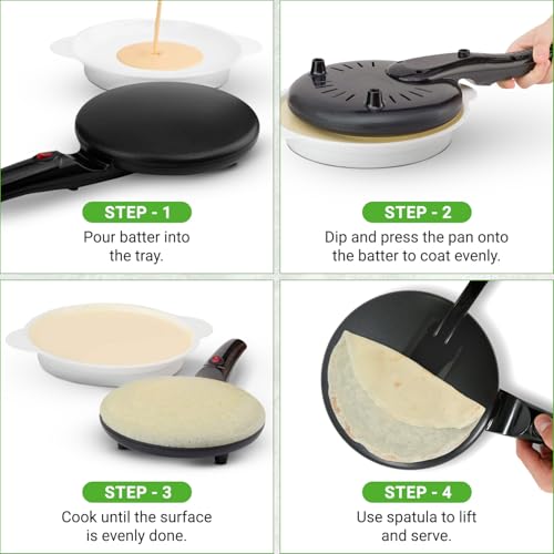 Nutrichef Electric Crepe Maker | 8-inch Nonstick Cooktop with On/Off Switch | Cooks Roti, Tortillas & Pancakes | Automatic Temperature Control & Cool Touch Handle | Includes Food Bowl, Whisk & Spatula