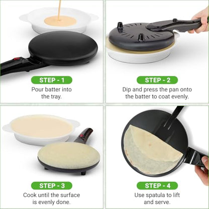 Nutrichef Electric Crepe Maker | 8-inch Nonstick Cooktop with On/Off Switch | Cooks Roti, Tortillas & Pancakes | Automatic Temperature Control & Cool Touch Handle | Includes Food Bowl, Whisk & Spatula