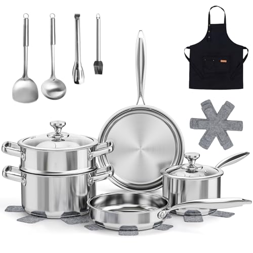 Meythway Pots and Pans Set Non Toxic, 16PCs Stainless Steel Cookware Set with Steamer, Kitchen Induction Cookware with Utensil Sets, Pot Protectors and Apron For Oven & Dishwasher Safe