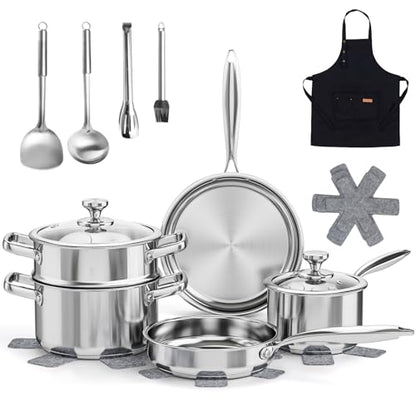 Meythway Pots and Pans Set Non Toxic, 16PCs Stainless Steel Cookware Set with Steamer, Kitchen Induction Cookware with Utensil Sets, Pot Protectors and Apron For Oven & Dishwasher Safe