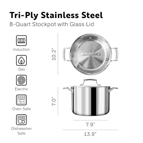 Procasa 8 Quart Stainless Steel Stock Pot - Fully Clad Tri Ply Large Dutch Oven with Lid - Large Pot for Cooking, Pasta, Soups - Coating-Free, PFAS-Free Non Toxic Cookware - Induction Compatible