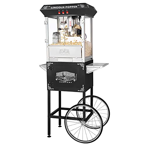 Lincoln Popcorn Machine with Cart - 8oz Popper with Stainless-Steel Kettle, Warming Light, and Accessories by Great Northern Popcorn (Black)