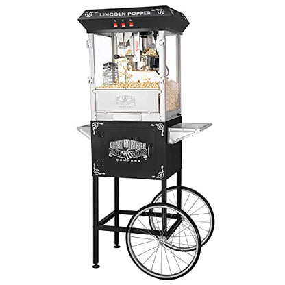Lincoln Popcorn Machine with Cart - 8oz Popper with Stainless-Steel Kettle, Warming Light, and Accessories by Great Northern Popcorn (Black)