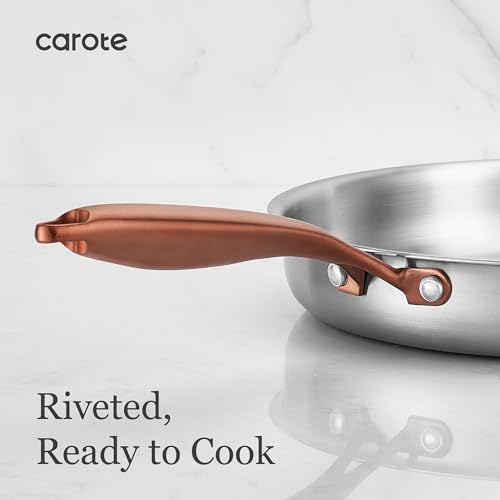 CAROTE 3-Piece Tri-Ply Stainless Steel Frying Pan Set, Skillet Set 8"/10"/12", Induction Compatible, Oven & Dishwasher Safe, Gold Handle, Mothers Day Gifts