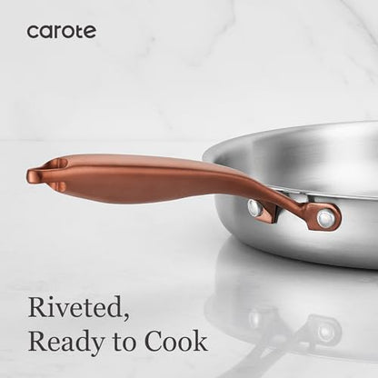 CAROTE 7-Piece Tri-Ply Stainless Steel Frying Pan Set, Skillet Set 8"/10"/12", Induction Compatible, Oven & Dishwasher Safe, Gold Handle