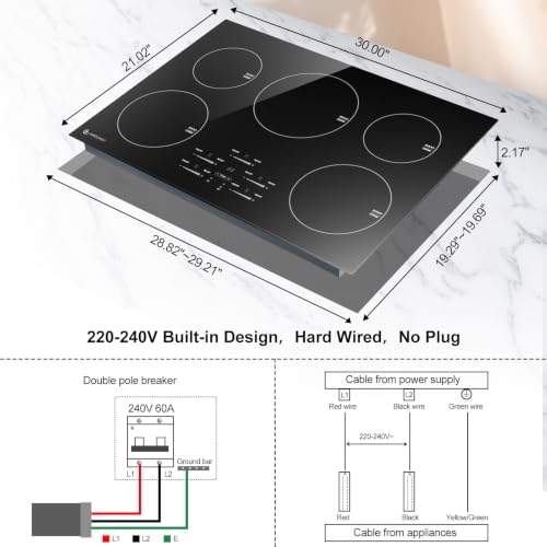 AMZCHEF 30" Built-in Induction Cooktop, 9 Levels, 240V, No Plug, 10600W