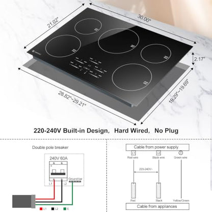 AMZCHEF 30" Built-in Induction Cooktop, 9 Levels, 240V, No Plug, 10600W