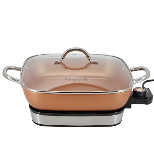 MegaChef Electric Fry Pan with Copper Non-Stick Coating, Tempered Glass Lid & Adjustable Temperature Control, Versatile Small Kitchen Appliance (11.81 Inch Fry Pan)