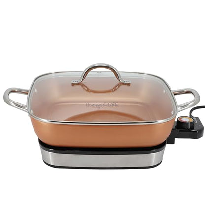 MegaChef Electric Fry Pan with Copper Non-Stick Coating, Tempered Glass Lid & Adjustable Temperature Control, Versatile Small Kitchen Appliance (11.81 Inch Fry Pan)